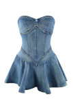 Light Blue Sexy Solid Patchwork Backless Zipper Strapless Sleeveless Boot Cut Denim Dresses