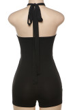 Black Sexy Solid Hollowed Out Patchwork Jumpsuits Halter Skinny Rompers