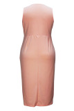 Skin Color Casual Solid Patchwork V Neck Sleeveless Plus Size Dresses
