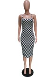 Black White Sexy Casual Plaid Print Backless Spaghetti Strap Sleeveless Dresses