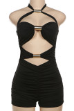 Black Sexy Solid Hollowed Out Patchwork Jumpsuits Halter Skinny Rompers
