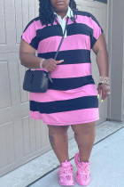 Pink Casual Striped Print Patchwork Turndown Collar Short Sleeve Plus Size Dresses
