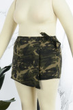 Ink Green Casual Camouflage Print Patchwork Skinny High Waist Conventional Patchwork Shorts