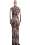 Leopard Print Sexy Print See-through Half A Turtleneck Beach Dresses