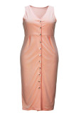 Skin Color Casual Solid Patchwork V Neck Sleeveless Plus Size Dresses