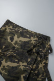 Ink Green Casual Camouflage Print Patchwork Skinny High Waist Conventional Patchwork Shorts