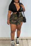 Ink Green Casual Camouflage Print Patchwork Skinny High Waist Conventional Patchwork Shorts