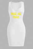 White Sexy Print Patchwork Asymmetrical Collar Wrapped Skirt Dresses
