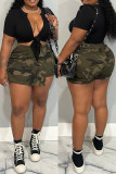Ink Green Casual Camouflage Print Patchwork Skinny High Waist Conventional Patchwork Shorts