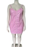 Pink Sexy Solid Backless Spaghetti Strap Wrapped Skirt Plus Size Dresses