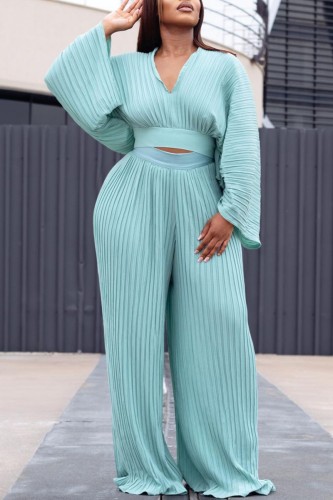 Light Green Casual Solid Patchwork V Neck Plus Size Two Pieces