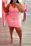 Pink Sexy Solid Backless Spaghetti Strap Wrapped Skirt Plus Size Dresses