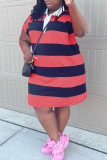 Red Casual Striped Print Patchwork Turndown Collar Short Sleeve Plus Size Dresses