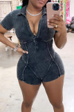 Black Gray Casual Solid Patchwork V Neck Skinny Rompers