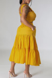 Yellow Casual Solid Patchwork Fold Square Collar Sleeveless Two Pieces