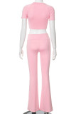 Pink Casual Street Solid Patchwork O Neck Short Sleeve Two Pieces