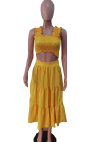 Yellow Casual Solid Patchwork Fold Square Collar Sleeveless Two Pieces
