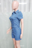 Blue Street Solid Patchwork Pocket Buckle Turndown Collar Regular Rompers
