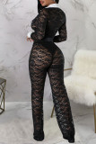 White Sexy Lace Patchwork Buckle See-through Contrast Turndown Collar Skinny Jumpsuits