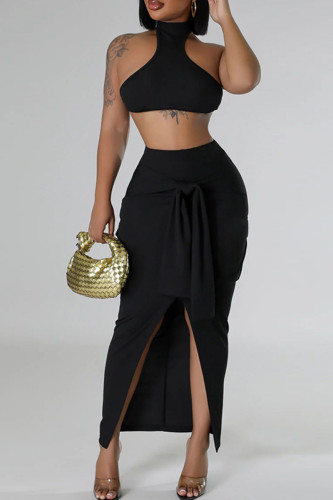 Black Casual Solid Bandage Patchwork Backless Slit Turtleneck Sleeveless Two Pieces