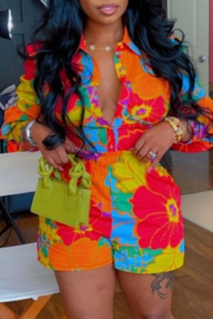 Orange Red Casual Floral Print Patchwork Turndown Collar Long Sleeve Two Pieces Blouse Shirt Tops And Shorts Sets