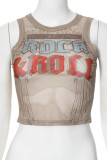 Brown Sexy Street Print Patchwork O Neck Tops