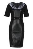 Black Sexy Solid Patchwork Buttons Slit Zipper Asymmetrical Collar Wrapped Skirt Plus Size Dresses
