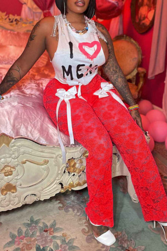 Red Sexy Print Lace Hollowed Out Patchwork With Bow O Neck Sleeveless Two Pieces
