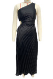 Black Elegant Solid Hollowed Out Pleated Oblique Collar Sleeveless Dresses