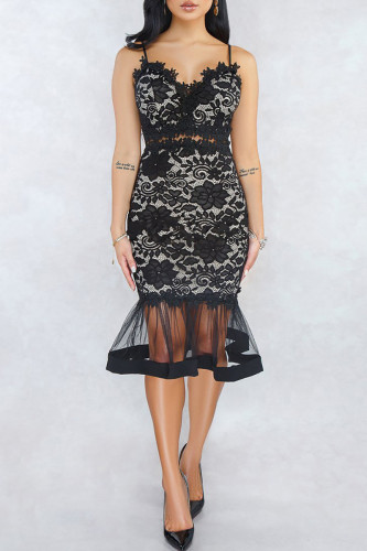 Black Solid Lace Patchwork Backless Mesh Zipper Spaghetti Strap Sling Dresses