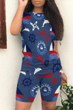 Navy Blue Casual Print Patchwork O Neck Short Sleeve Two Pieces