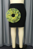 Black Casual Patchwork Three-dimensional Pattern Skinny High Waist Skirts