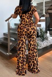 Brown Sexy Print Leopard Bandage Short Sleeve Two Pieces