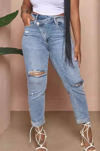 Light Blue Casual Street Solid Ripped Pocket Asymmetrical High Waist Skinny Denim Jeans