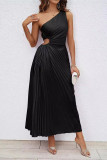Black Elegant Solid Hollowed Out Pleated Oblique Collar Sleeveless Dresses