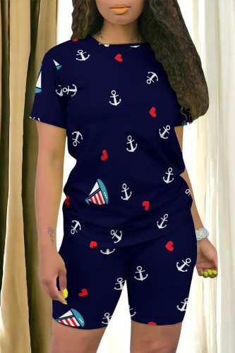 Navy Blue Casual Print Patchwork O Neck Short Sleeve Two Pieces