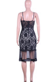Black Solid Lace Patchwork Backless Mesh Zipper Spaghetti Strap Sling Dresses