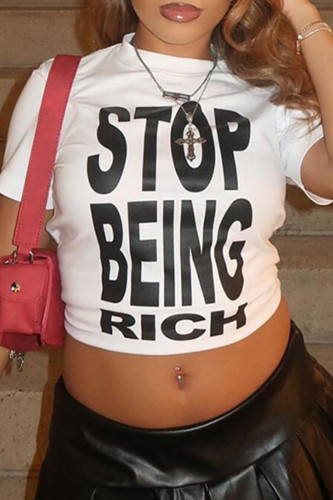 White Casual Print Patchwork O Neck T-Shirts