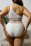 White Sexy Patchwork Backless One Shoulder Plus Size Swimwear (With Paddings)