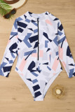 White Sexy Print Patchwork Zipper O Neck Plus Size Swimwear (With Paddings)
