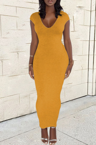 Yellow Casual Solid Backless Slit V Neck Long Dresses