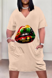 Multicolor Casual Letter Eyes Printed Lips Pocket V Neck Short Sleeve Plus Size Dresses