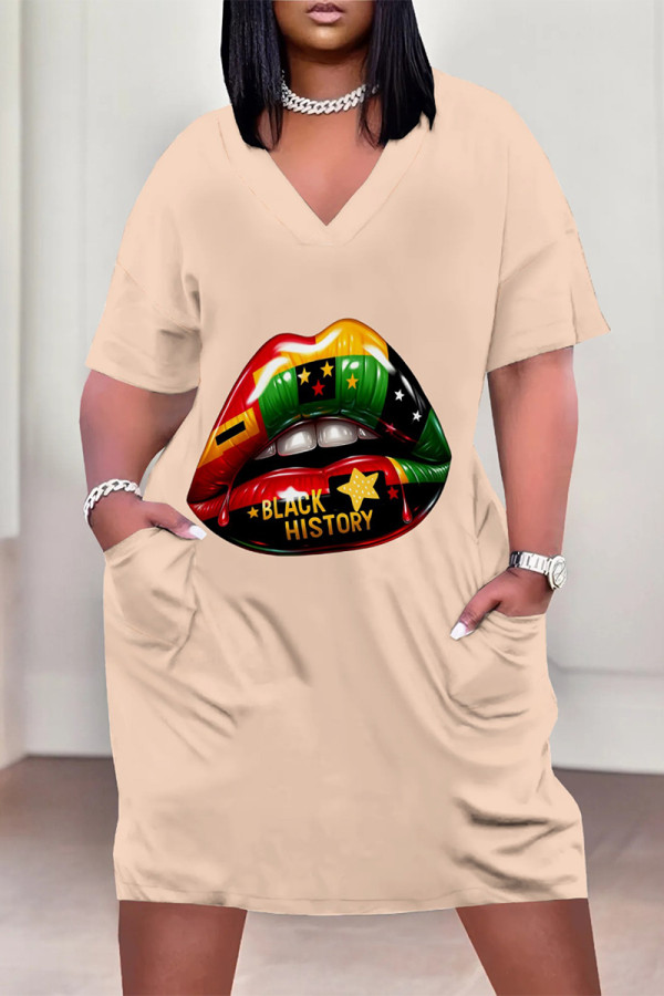 Light Pink Casual Letter Eyes Printed Lips Pocket V Neck Short Sleeve Plus Size Dresses