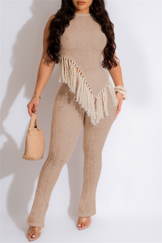 Khaki Casual Solid Tassel Patchwork Asymmetrical O Neck Sleeveless Two Pieces