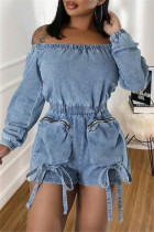 Blue Casual Solid Patchwork Off the Shoulder Long Sleeve Regular Denim Romper