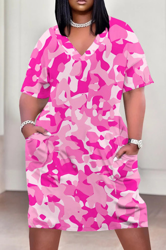 Pink Casual Print Patchwork Pocket V Neck Straight Plus Size Dresses