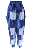 Blue Street Print Patchwork Draw String Pocket Loose High Waist Wide Leg Full Print Bottoms