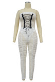White Sexy Solid Patchwork See-through Backless Strapless Skinny Jumpsuits