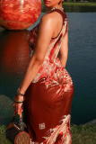 Red Street Print Patchwork O Neck Long Dresses