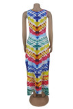 Blue Casual Print Slit O Neck Long Dresses